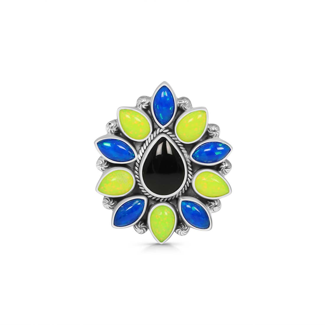 Neon Opal And Black Onyx Flower Adjustable Ring-(NOP-FLR-5.)